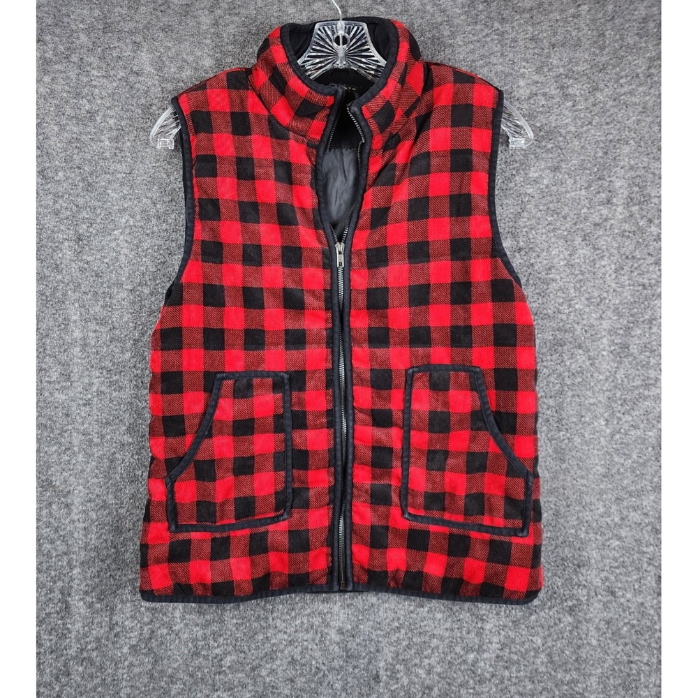 Staccato Buffalo Plaid‎ Vest Womens Medium Red Black Full Zip Mock Neck 32038